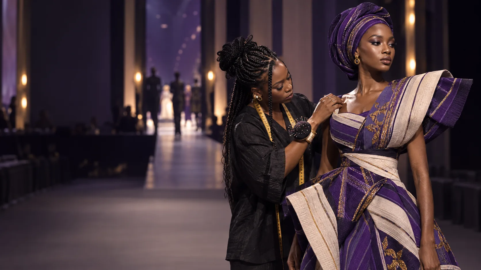 A designer adjusting a sculptural Aso Oke garment before a runway presentation
