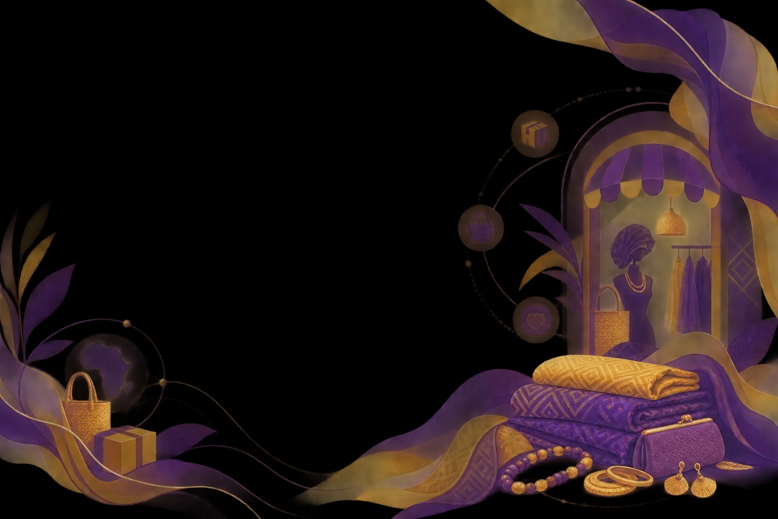 Fabric, accessories and storefront details represented in an Asoebi editorial illustration