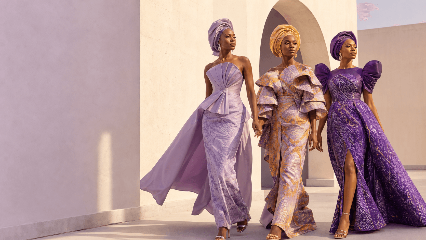 Asoebi fashion presented in a sunlit courtyard