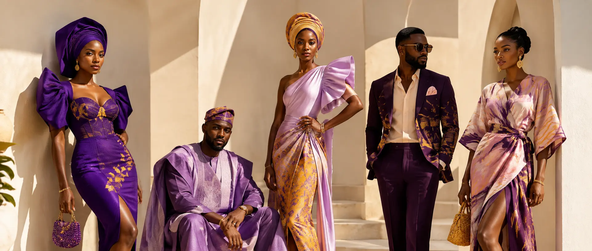 Five models presenting varied contemporary Asoebi silhouettes