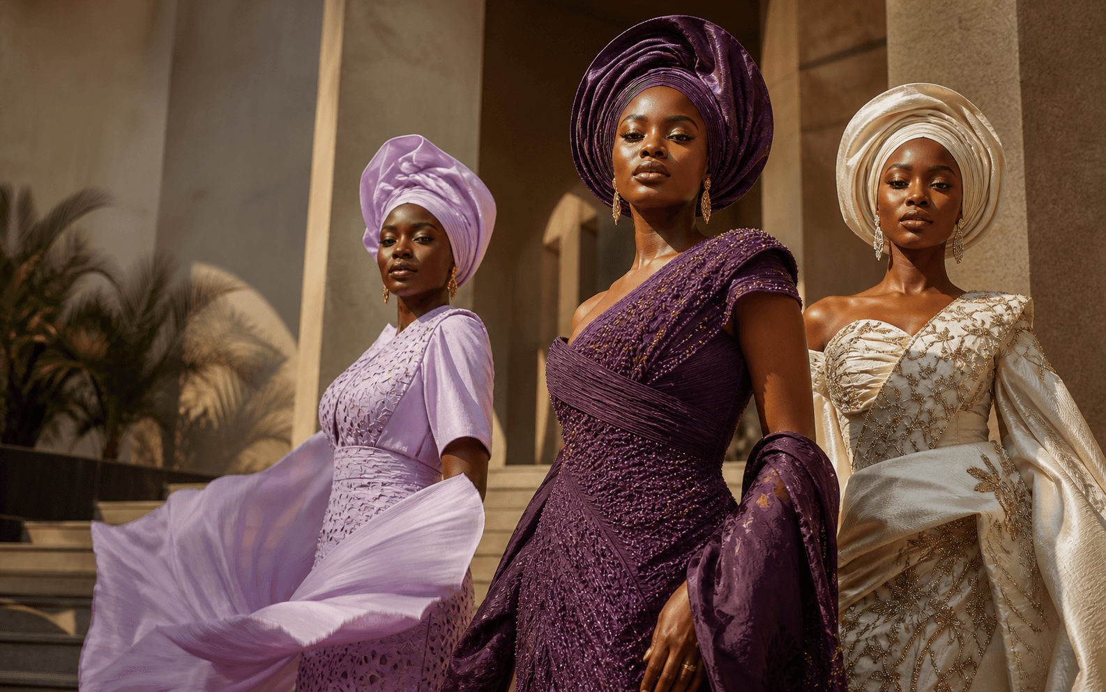 Three models wearing contemporary purple, lilac and ivory Asoebi looks
